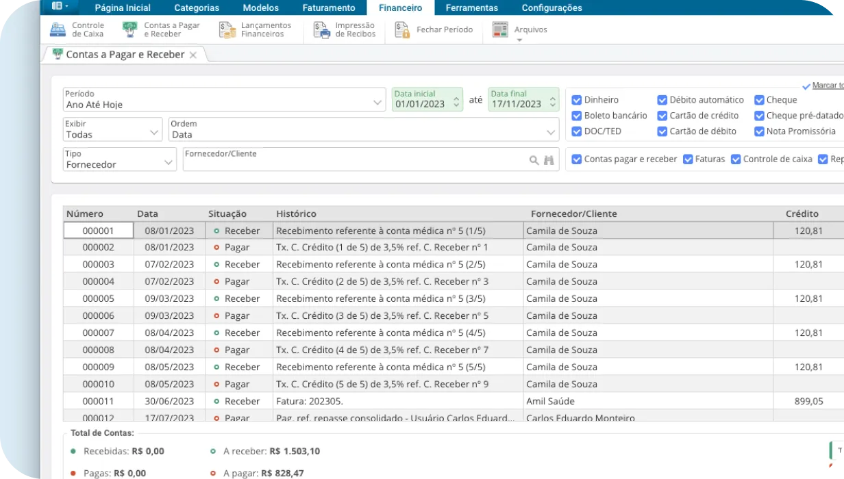 Recorte de tela do financeiro do Cloud + clinica