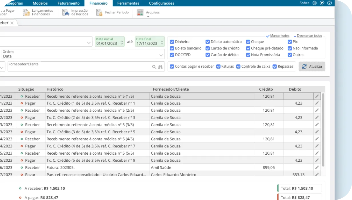 Recorte de tela do financeiro do Cloud + clinica