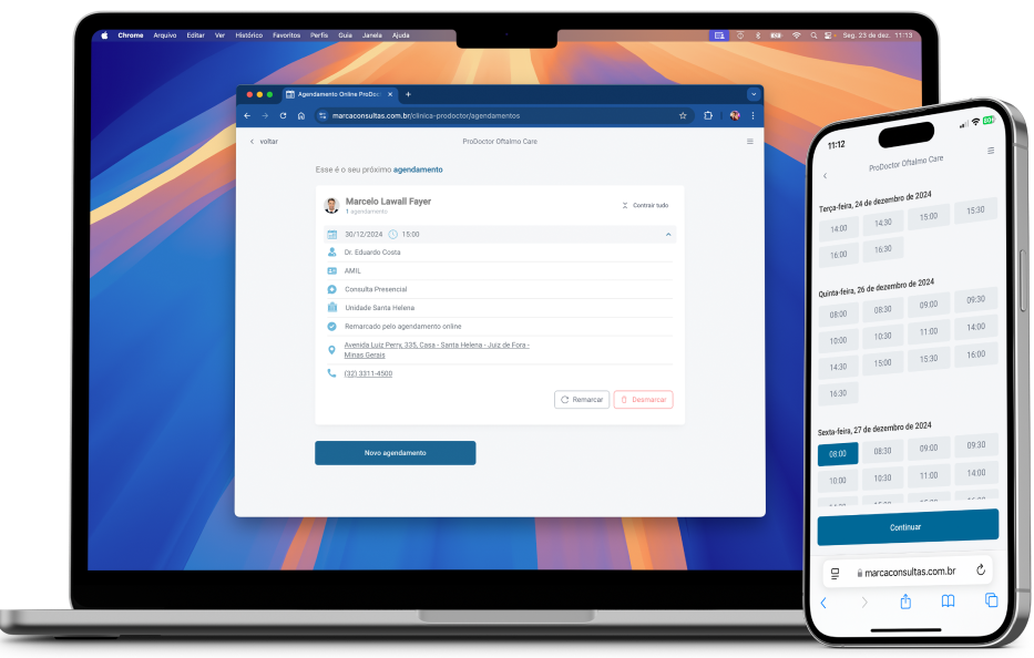 Notebook e smartphone com as telas do agendamento online