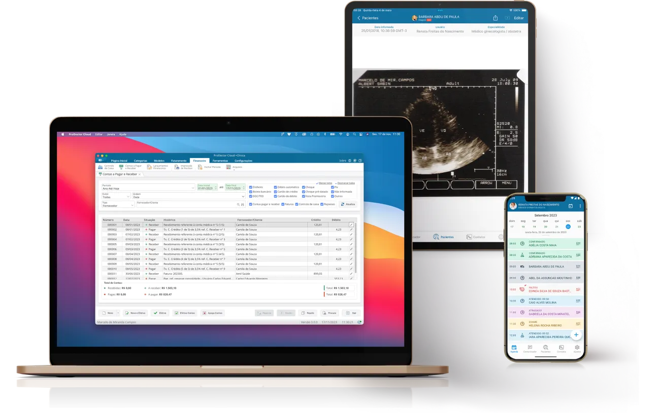 Notebook, tablet e celular mostrando o ProDoctor Cloud + clínicas na tela