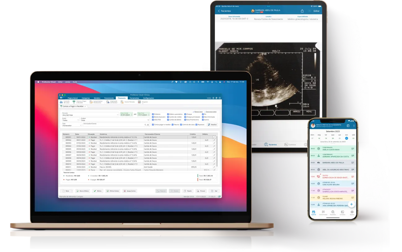 Notebook, tablet e celular mostrando o ProDoctor Cloud +Clínica na tela