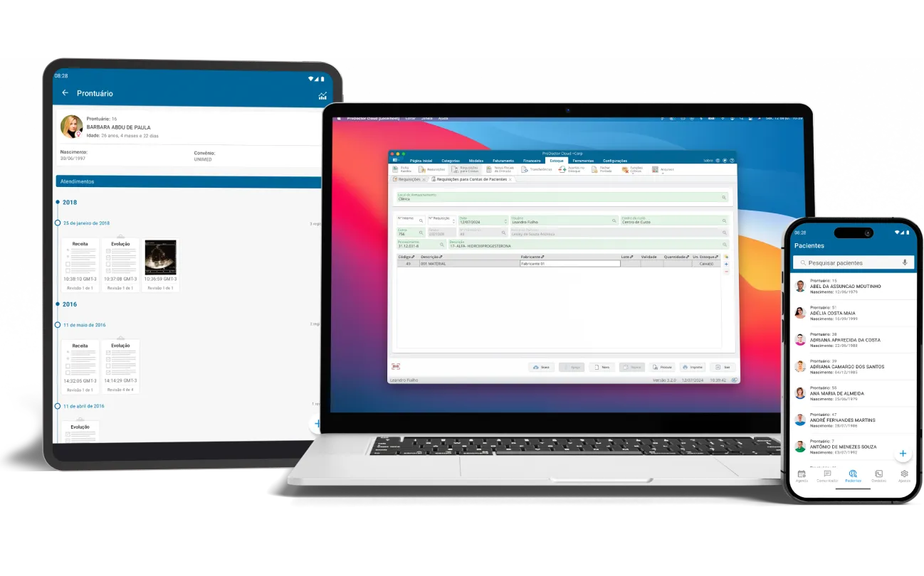 Notebook, tablet e celular mostrando o ProDoctor Cloud +Corp na tela