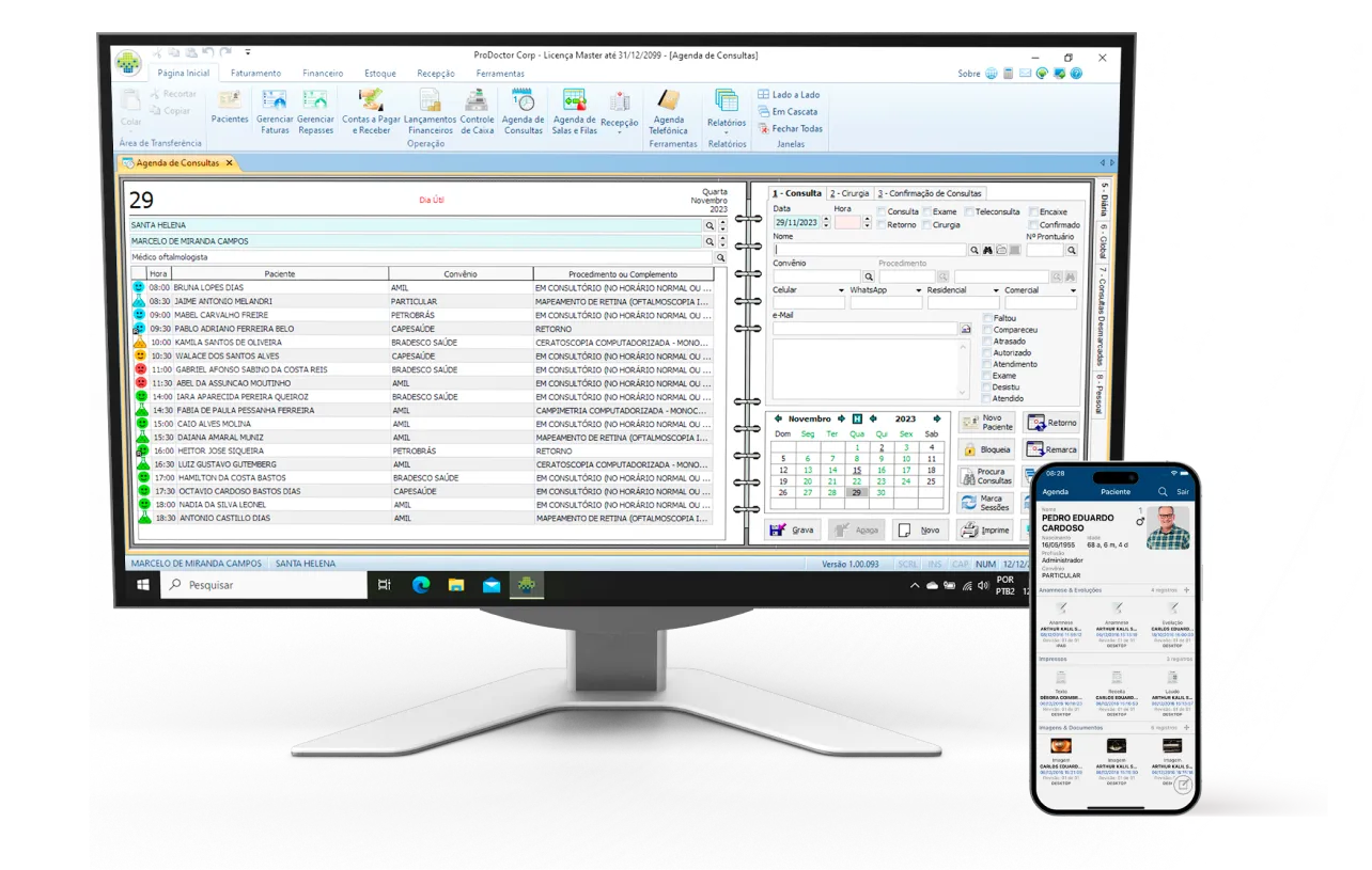 Monitor e smartphone mostrando as telas do corp