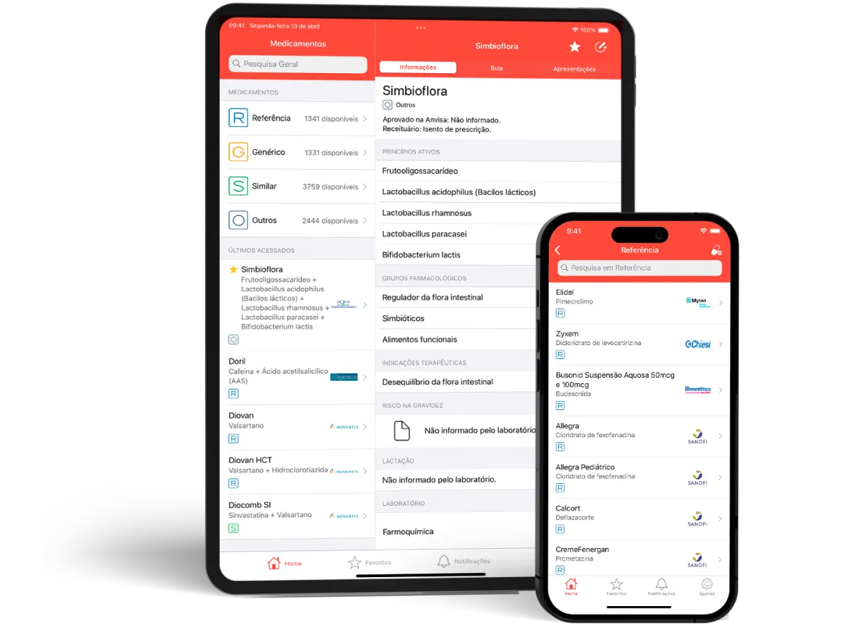 Tablet e smartphone mostrando o medicamentos na tela