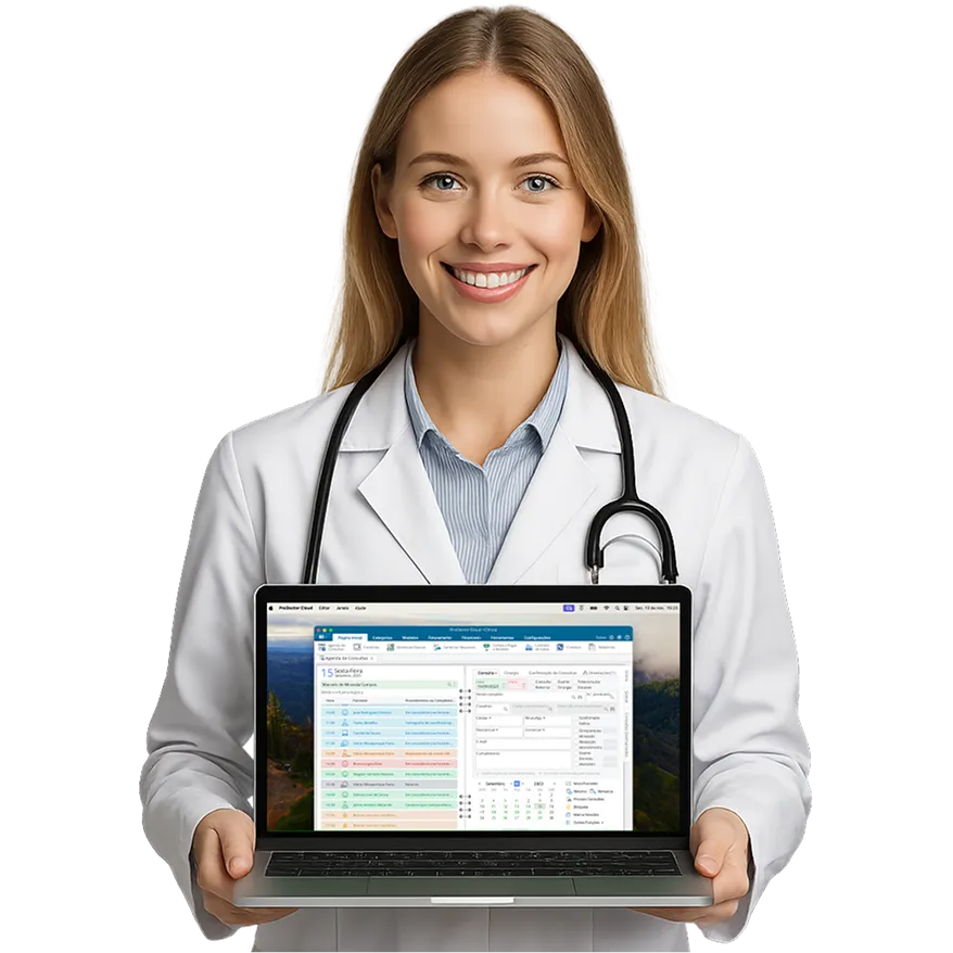 Médico com celular na mão e a tela do Agendamento Online