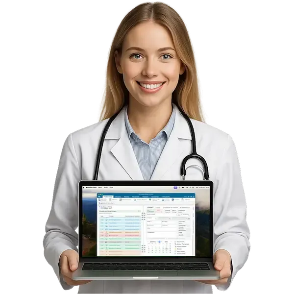 Médico com celular na mão e a tela do Agendamento Online