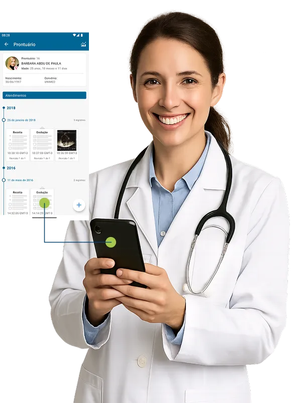 Médica com celular na mão e a tela do cloud