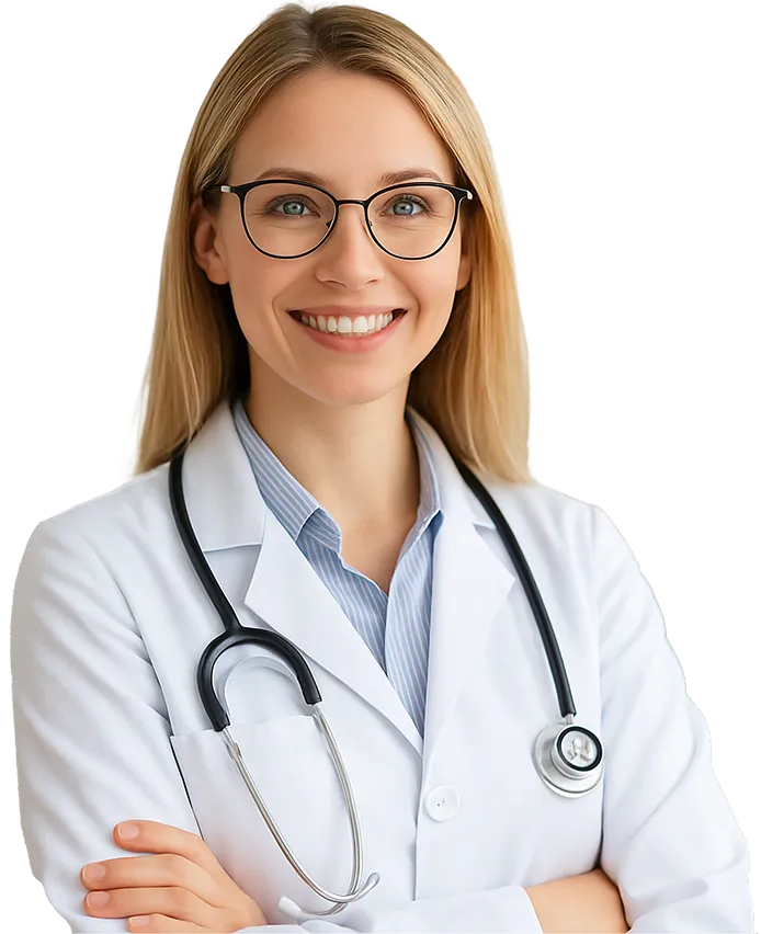 Médica de braços cruzados e sorrindo