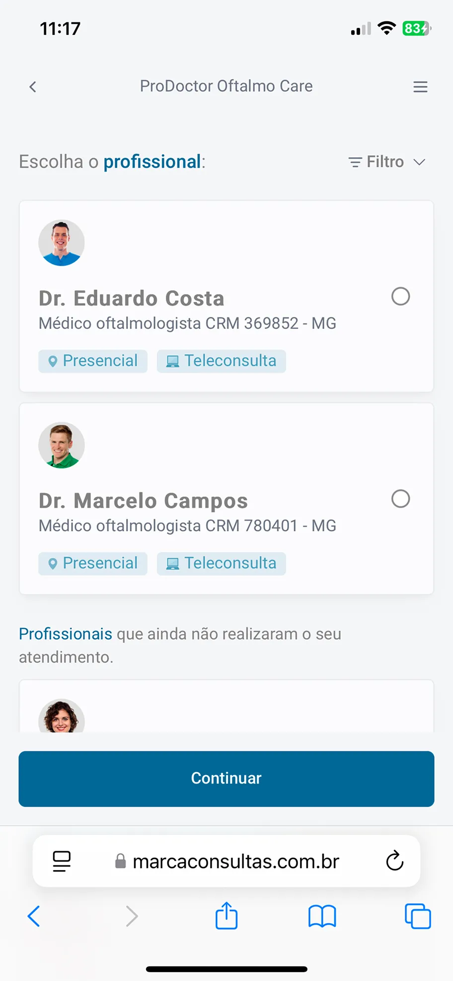 Tela do agendamento on-line da ProDoctor