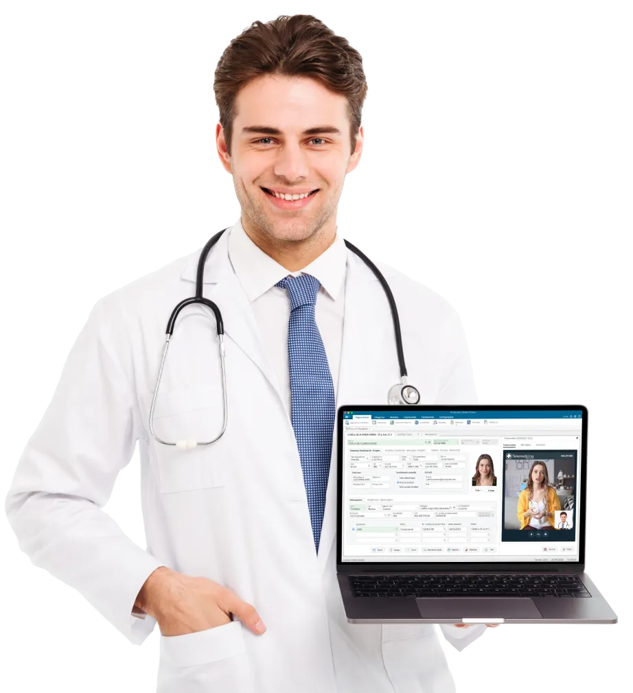 Médico segurando um notebook com a tela da telemedicina do cloud