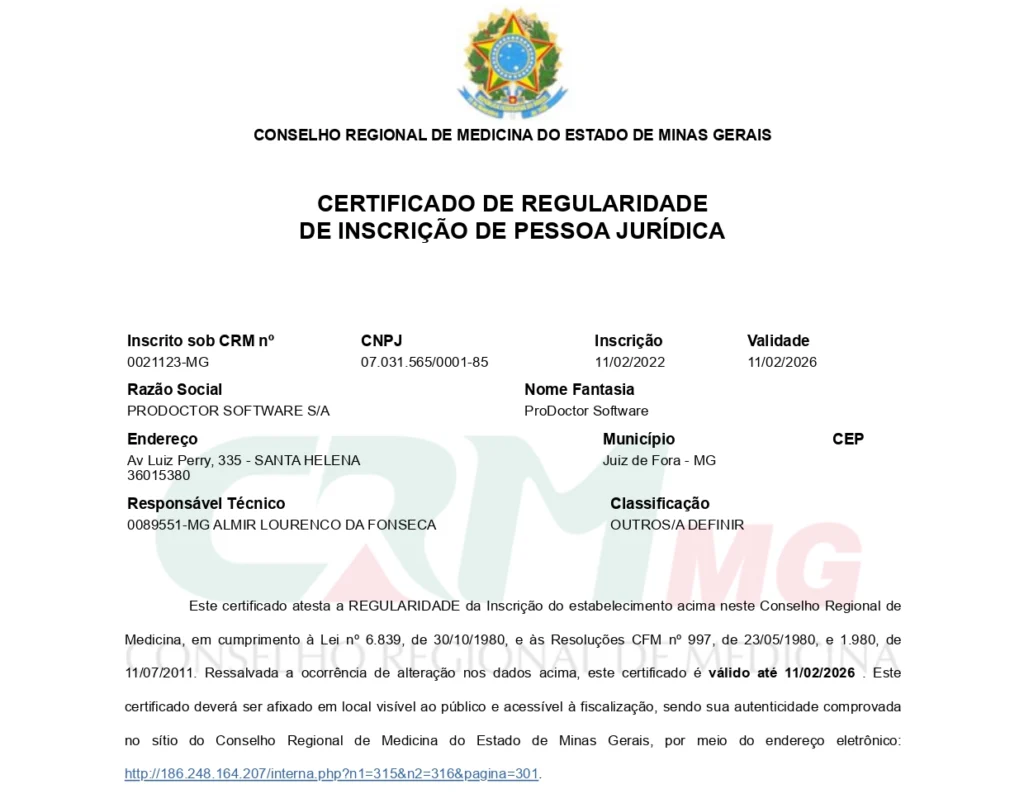 CRM-MG da ProDoctor: inscrito no número 21123; emitido em 2022 e renovado a cada ano.