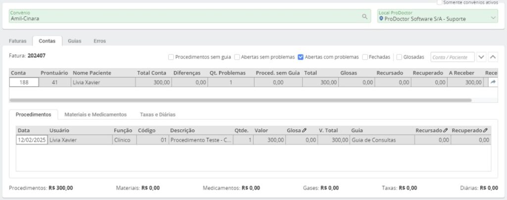 Tela do ProDoctor Cloud + Corp mostrando o gerenciamento de problemas para prevenir glosas.