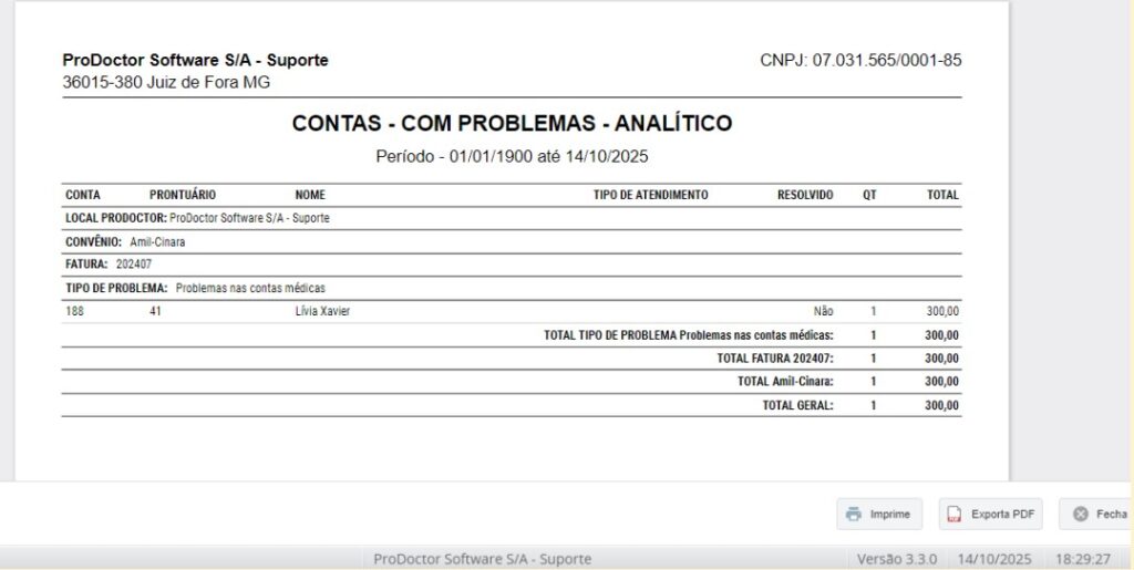 Tela do ProDoctor Cloud + Corp mostrando um relatório de problemas, recurso para prevenir glosas.
