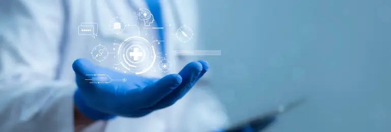 Imagem de uma mão com luva médica tocando uma interface digital de tecnologia médica, representando inovação na área da saúde, como IA no prontuário.