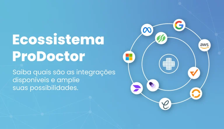 Ilustração com o texto “Ecossistema ProDoctor” e uma mensagem sobre integrações, com um diagrama circular conectando ícones como Google, AWS, Git, V, eCommerce e outras plataformas em fundo azul com elementos tecnológicos.